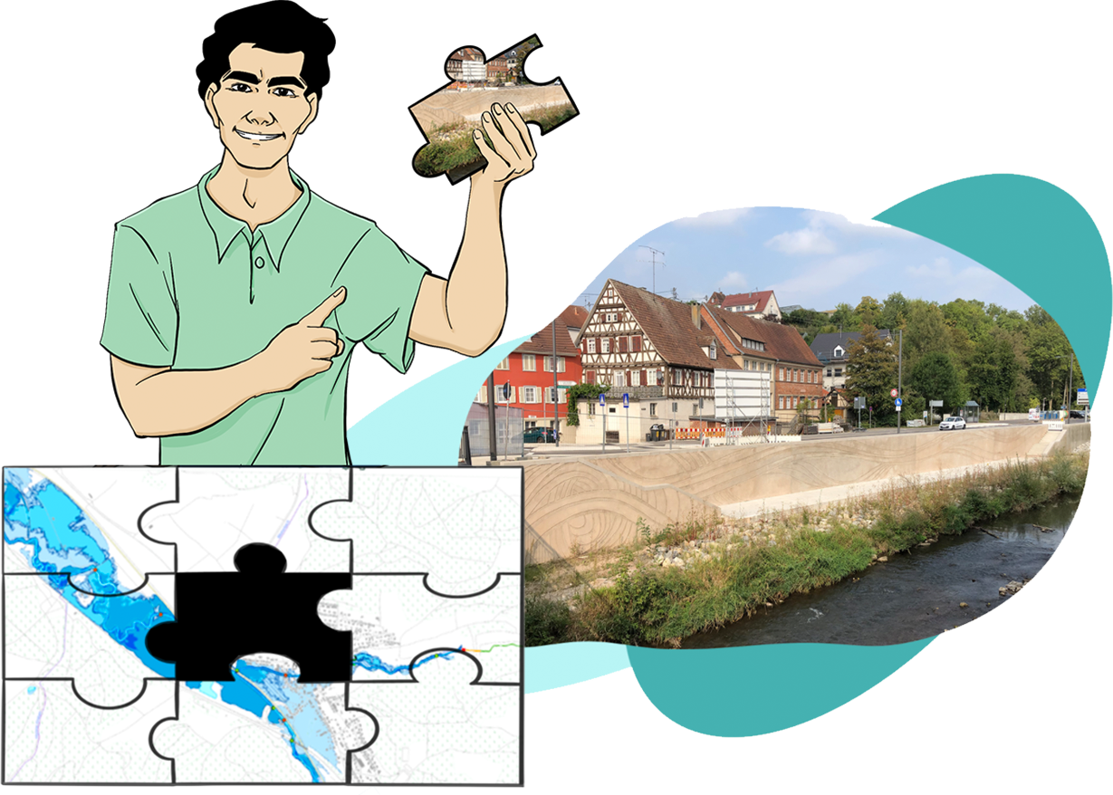 Fortunato Schreiber zeigt auf ein Puzzleteil in seiner linken Hand. Auf diesem ist eine Hochwasserschutzmauer abgebildet. Das Puzzlestück ist der Hochwassergefahrenkarte entnommen.